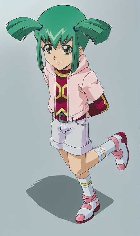 Luna, 1girl, solo, green hair, green eyes, short twintails, hair tie, pink jacket, red pattern long sleeve shirt, belt, white shorts, white socks, shoes, full body, standing on one leg, arms behind back, looking at viewer, smile, from side, from above, white background, simple background, anime coloring, <lora:Luna Pony XL:1>