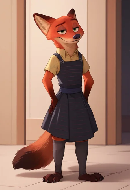 score_9, score_8_up, score_7_up, score_6_up, score_5_up, score_4_up, anthro, 1boy, nickwilde, solo, green eyes, tail, diaper, poofy diaper, mascara, lipstick, black dress, stockings, dress up, sexy look, looking at viewer, light shading