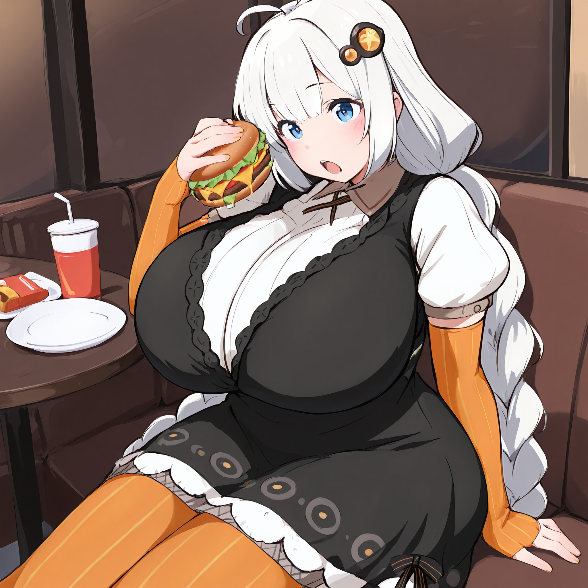 (masterpiece), best quality, (highly detailed), 1female, solo, <lora:Masakin_style_Illustrious:0.8>, <lora:Kizuna_Akari_Illustrious_r1:0.8> , Kizuna Akari, white hair, blue eyes, braids, hair ornament, black dress, short sleeves, striped legwear, orange pantyhose, orange gloves, long gloves, sitting, restaurant, holding burger, table, plate, open mouth, huge breasts,