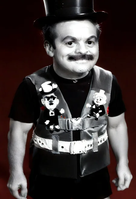 ((((((black and white,black shirt, belt, stubble, red theme, shorts, greyscale, 1boy, life vest)))))),((small man with mustache, top hat, kenbis, chibi, chibi, male only, male, male chibi, monocle, art deco, thick mustache, comically large mustache, handlebar mustache, tiny, multiple men, shrunk, microxl, some little guys, high angle, from above)), bwMovies, realistic, photo, vintage photo, ((very small man, small man, a small man, a man who is small, a small man)), an unapologetically small human male, black and white, smiling, very happy, euphoric, ecstatic, wonderful small men, large smile, huge smile