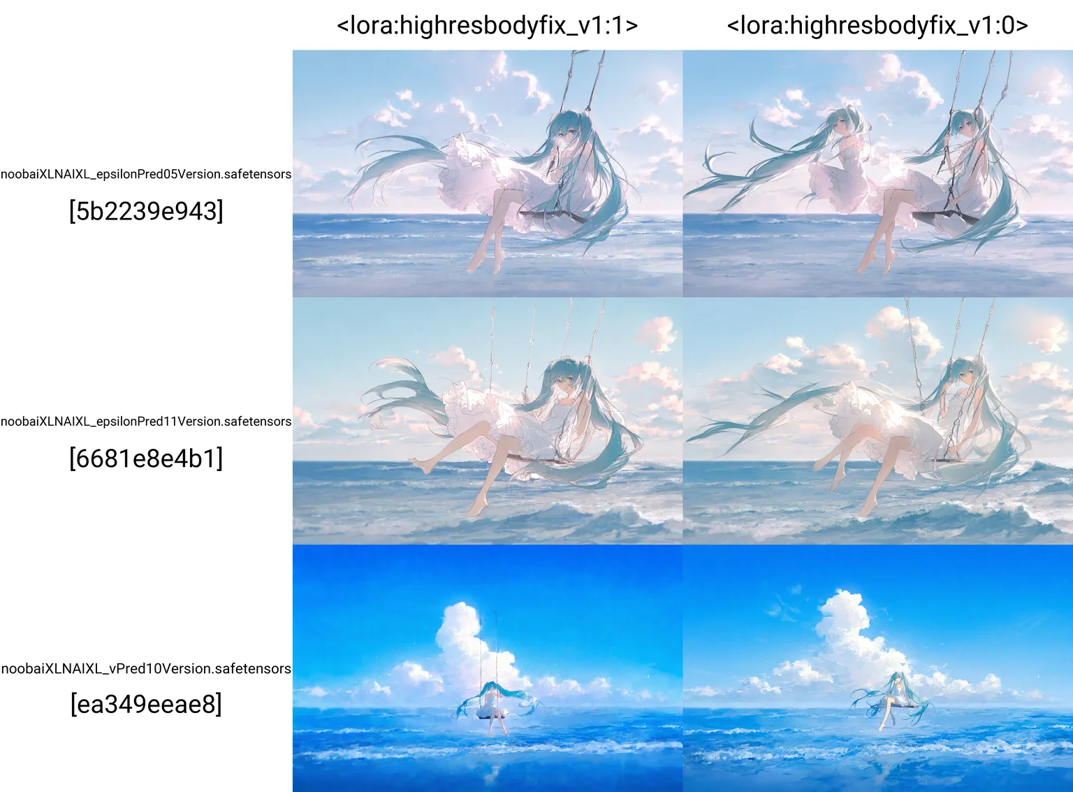 1girl, hatsune miku, {solo}, long hair, dress, twintails, very long hair, swing, white dress, cloud, sky, sitting, barefoot, full body, outdoors, water, aqua eyes, blue sky, ocean, waves, day, aqua hair, sleeveless, frills, frilled dress, bare shoulders, sleeveless dress, hair between eyes, cloudy sky, sundress, full body, rella,very awa,masterpiece, highres, absurdres, year 2024, best quality <lora:highresbodyfix_v1:1>