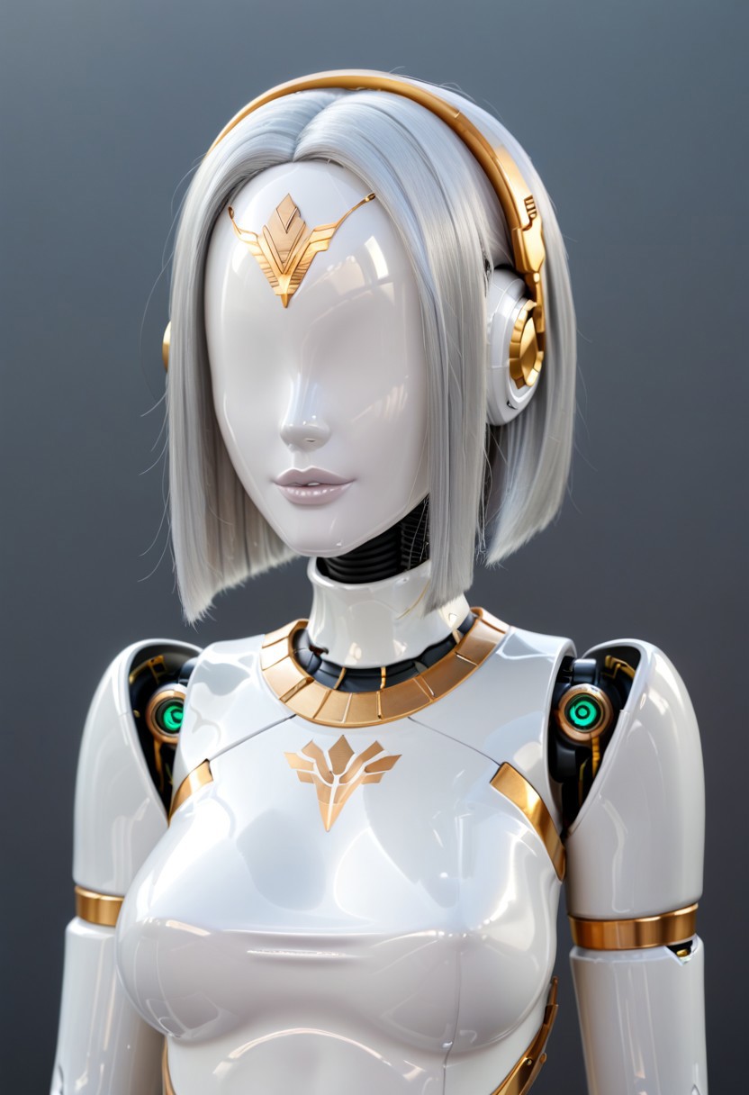 A 35mm photo of a beautiful robotic woman, she has a faceless robotic head, robot, silver hair, smooth metallic featureless feminine body, silver coloir with gold accents
no face
