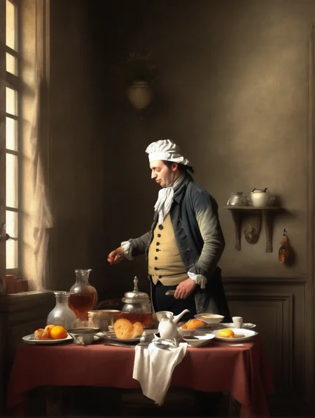 <lora:Jean-Baptiste-Simeon Chardin Style:1>Jean-Baptiste-Simeon Chardin Style - photo realistic high quality of restaurant in France in 18th century serving broths to refresh patrons