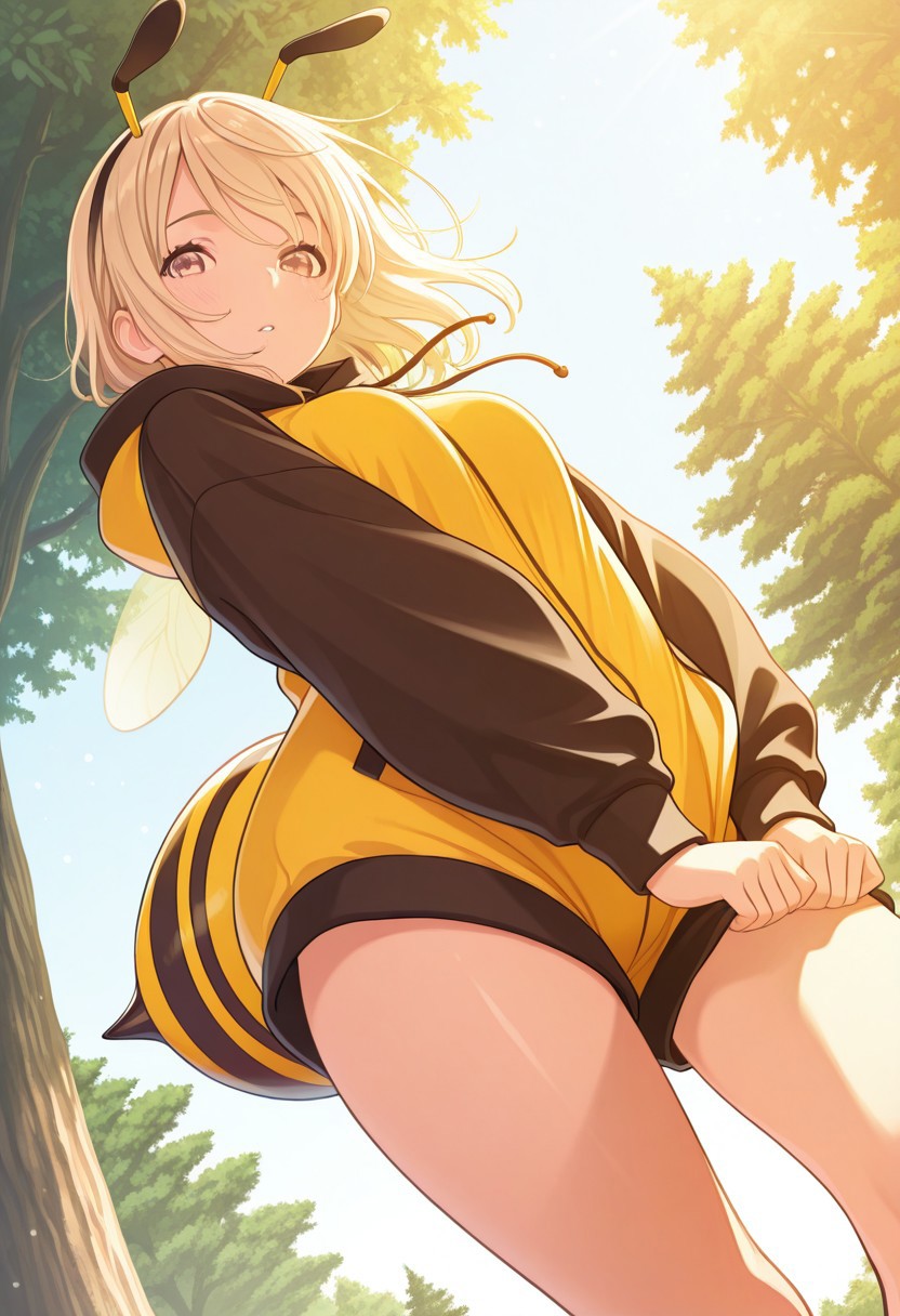 (establishing shot:1.2), 1girl, bee costume, bee wings , from below, wind lift, park, tree, day, sky,looking at viewer, wind, masterpiece, best quality, ultra-detailed, best illustration, soft lighting, light particles, glow, shiny hair, detailed background, dynamic lighting, volumetric lighting, dynamic pose, dynamic angle,