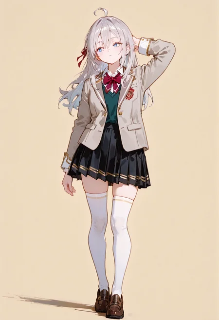perfect quality,high quality,masterpiece,absolutely eye-catching,ambient occlusion,raytracing,dynamic_angle,full_shot,arm_behind_head,
AlisaMikhaylovna Cyql,1girl,solo,long hair,ahoge,bangs,hair between eyes,grey hair,blue eyes,ribbon,hair ribbon,school uniform,bow,red bow,bowtie,jacket,blazer,grey jacket,shirt,long sleeves,skirt,pleated skirt,zettai ryouiki,black skirt,thighhighs,white thighhighs,loafers,shoes,brown footwear,
full body,standing,palegreen background,simple background,
<lora:Alisa Mikhaylovna2:1>,<lora:spo_sdxl_10ep_4k-data_lora_webui:0.5>,<lora:EtherSDXL:0.7>,EtherStyle,<lora:748cmSDXL:0.7>,748cmstyle,
