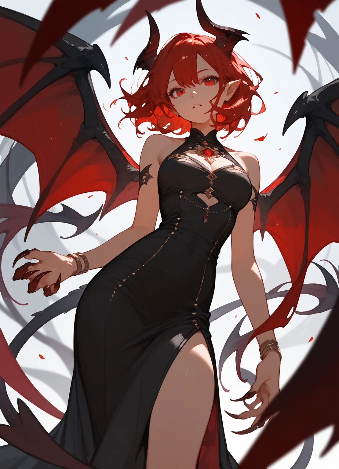 (score_9,score_8_up,score_7_up),1girl,girl demon,red hair,red eyes,wings,claws,black dress,beautiful_face,