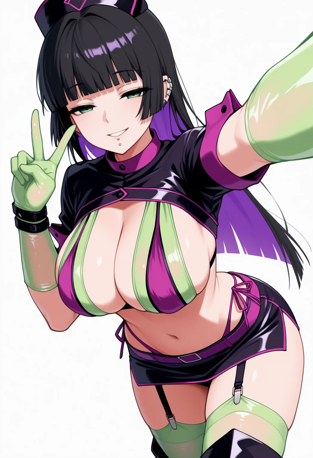 masterpiece, best quality, newest, black headwear, nurse cap, revealing clothes, shrug \(clothing\), layered bikini, green bikini, purple bikini, green gloves, rubber gloves, black skirt, microskirt, purple belt, green thighhighs, thighhighs under boots, garter straps, black footwear, thigh boots, navel, cleavage, solo, 1girl, p4s4n, ear piercing, lip piercing, smile, looking at viewer, outstretched arm, selfie, v, colored inner hair, black hair, purple hair, hime cut, green eyes, half-closed eyes, large breasts, simple background, white background
<segment:yolo-Anzhc Face seg 640 v2 y8n.pt,0.4,0.5//cid=1>