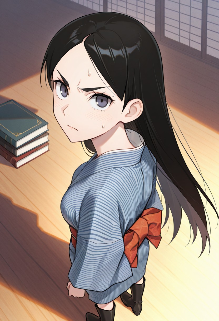masterpiece, best quality, 32k, high resolution, absurdres, kitsu chiri, medium breasts, boots, japanese clothes, looking back, ribbon, sweatdrop, looking up, angry, staring, book