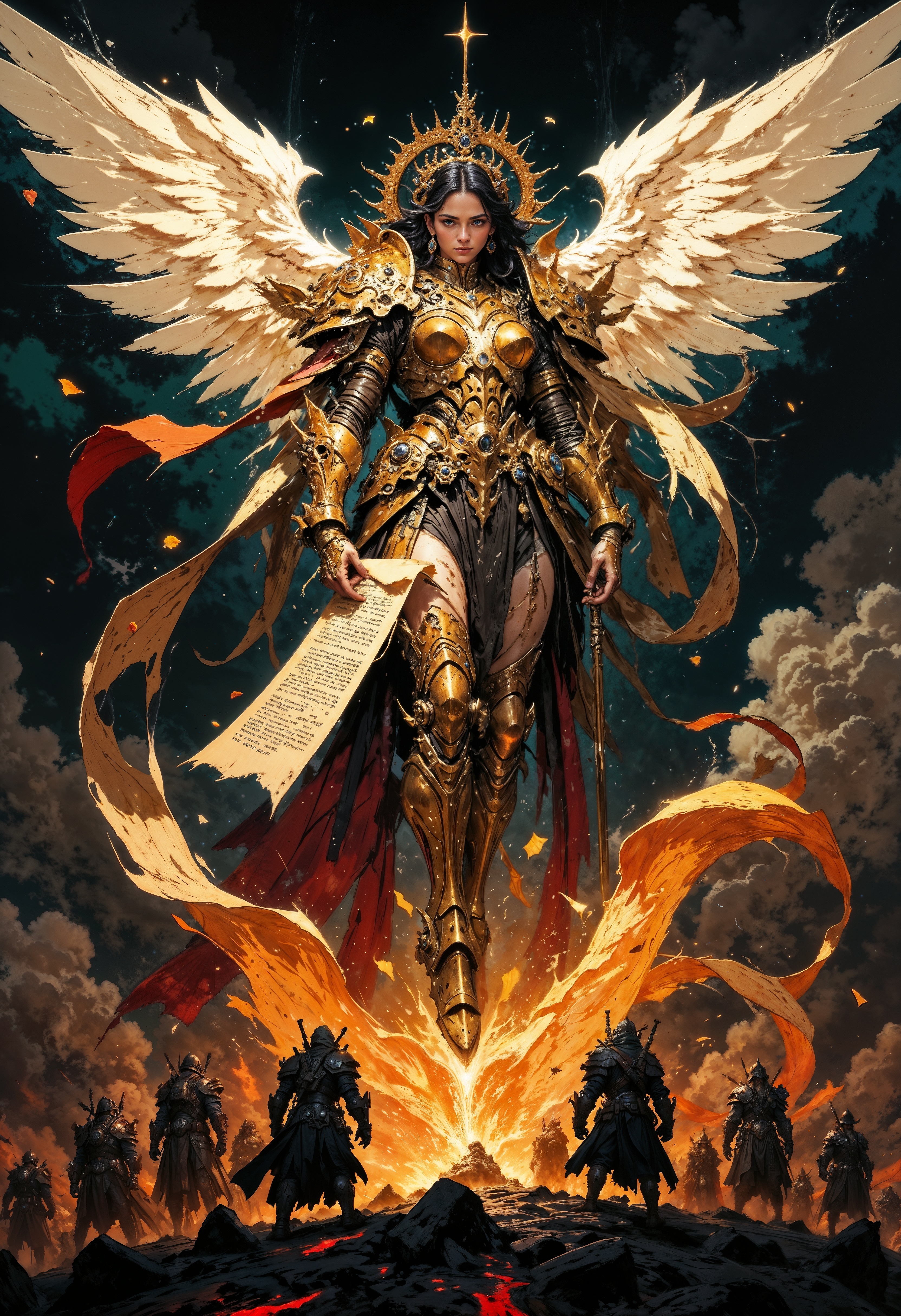 cinematic photo. Highly detailed and dramatic digital artwork featuring a powerful angelic woman in the center, surrounded by a dramatic, dark background. The central figure is clad in ornate golden armor with red accents, featuring large, white, feathered wings spread wide. The gorgeous angel is hovering in the air. A radiant halo of light emanates from behind her head, casting a divine glow. The angel holds a sword in her right hand, and a scroll unfurls from the left hand, inscribed with ancient text. Below, three armored soldiers with helmets and rifles stand on a fiery battlefield, adding a sense of conflict and intensity. The overall composition is dynamic, with a strong contrast between the celestial figure and the dark, smoky environment, emphasizing themes of battle and divinity. 35mm photograph, film, bokeh, professional, 4k, highly detailed
<lora:Anime v1.3:0.6> <lora:VividlySurreal:0.6> <lora:FLUX-daubrez-DB4RZ-v2:0.4>  <lora:FluxMythP0rtr4itStyle:0.6>