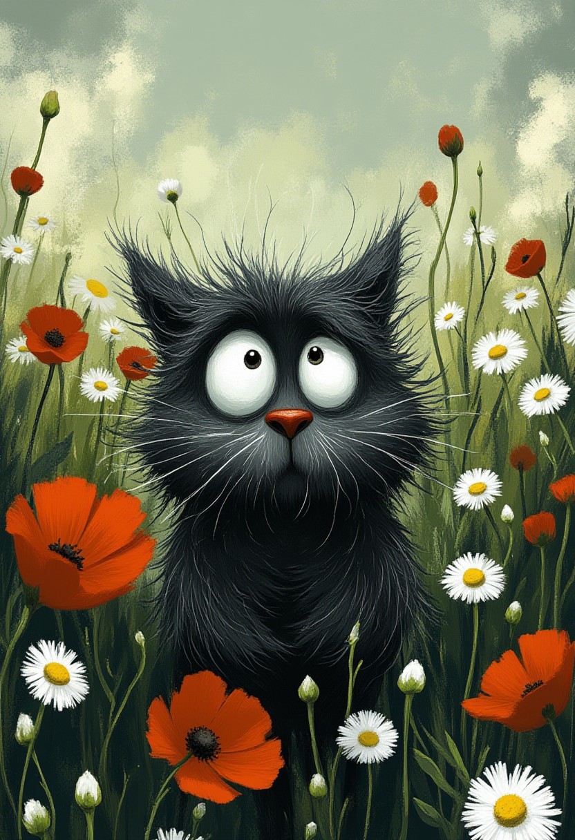A whimsical illustration of a wide-eyed cat with wind-pressed face in dark whimsical art style, battling strong air stream, surrounded by scattered red poppies and white daisies, digital painting with expressive brushstrokes showing ruffled fur and stretched whiskers, breezy garden background, characteristic Tim Burton inspired design with teary eyes and comically revealed fangs