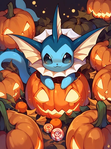 score_9, score_8_up, score_7_up, score_6_up, score_5_up,   <lora:halloweenpokemonXLP:1> halloween pokemon, no humans, jack-o'-lantern, (vaporeon:1), candy,