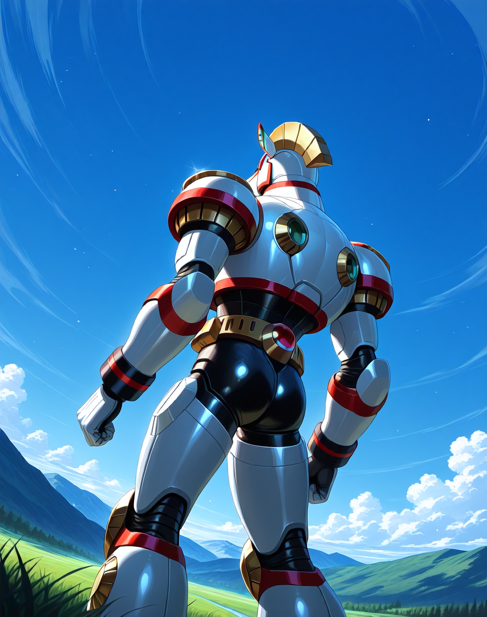 <lora:Spiral_Pegasus_(Mega_Man_X)_(Illustrious)_(AD):1> Spiral Pegasus, reploid, MMX, 
exterior, blue sky with clouds, mountain valley, grassy valley,
dutch angle, dynamic action, cowboy shot, back view, butt, 
male focus, intense shadows, dynamic shadows, intricate details, attention to details, gradient coloring, robot, bright vivid colors, deep metallic colors, glossy metal body, 
BREAK very awa, masterpiece, best quality, amazing quality, very aesthetic, highres, absurdres,
EZRealPONYXL, zPDXL, Smooth Quality, lazynsfw,