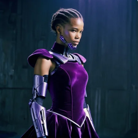 (film photography style:1.5) a medium-shot of female cyborg in a purple velvet dress, heavy grain <lora:SDXL_FILM_PHOTOGRAPHY_STYLE_V1:.8>