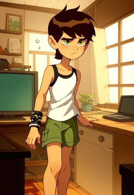 score_9, score_8_up, score_7_up, score_6_up, score_5_up, score_4_up, cute boy , standing, ((solo)), brown hair, green eyes, bracelet, sleepy ,
wear pijamas, tiny shorts , Tank top shirt , bare foot , messy bedroom , tv , games , windows , sun.