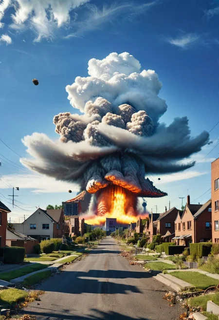 atomic bomb explosion, bustling suburb (seamless blending of photography and digitial illustration: 1.39) (coherency: 1.59) (Highest quality: 1.39) (colorful: 0.79) (photograph components: 1.19) (mixed media: 1.19) (blue skies)