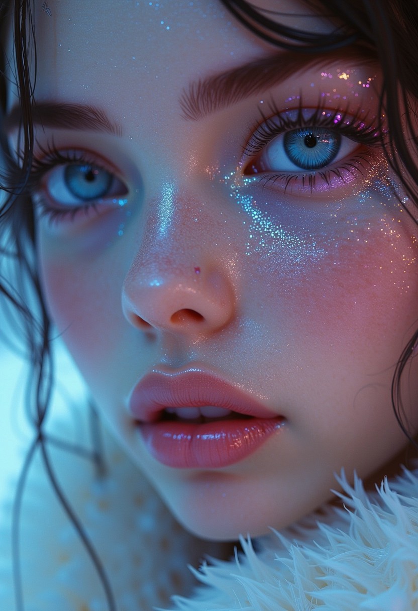 This is a highly detailed, digital artwork in a hyper-realistic style, showcasing a close-up portrait of a young woman. The subject has fair, smooth skin with a slight sheen, adorned with glittering, iridescent particles that shimmer in shades of blue, pink, and purple, giving a magical, ethereal quality. Her eyes are a striking blue, with long, thick eyelashes and a subtle, piercing gaze.