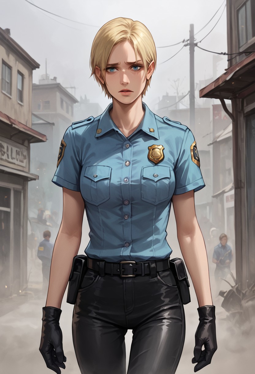 Score_9_up, score_8_up, score_7_up, score_6_up, source_realistic, cowboy shot, BREAK worried, parted lips, 1girl, cybilbennett, blonde, short hair, blue police shirt, badge, black leather pants, gloves, foggy atmosphere, low light,