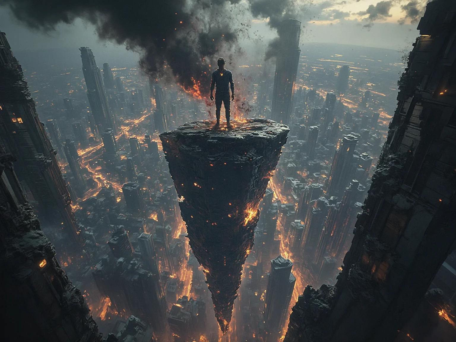 In a dark, gritty, futuristic cityscape, a massive, modern sports logo hangs precariously from a crumbling skyscraper, its edges crackling with an otherworldly energy. The camera tilts upwards, revealing a sea of twisted, fractal-like architecture as far as the eye can see. At the center of this dystopian metropolis, a lone figure stands atop a floating island, their face set in a determined grimace as they gaze out at the viewer. The air around them churns with chaotic smoke and sparks, which seem to be drawn towards the dark glow emanating from, <lora:Flux_Turbo_Alpha.safetensors:1.0> <lora:æé»ç³»_flux.safetensors:0.5> dark ahx <lora:aidmaMJ6.1-FLUX-v0.4.safetensors:0.6> aidmaMJ6.1