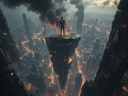In a dark, gritty, futuristic cityscape, a massive, modern sports logo hangs precariously from a crumbling skyscraper, its edges crackling with an otherworldly energy. The camera tilts upwards, revealing a sea of twisted, fractal-like architecture as far as the eye can see. At the center of this dystopian metropolis, a lone figure stands atop a floating island, their face set in a determined grimace as they gaze out at the viewer. The air around them churns with chaotic smoke and sparks, which seem to be drawn towards the dark glow emanating from, <lora:Flux_Turbo_Alpha.safetensors:1.0> <lora:æé»ç³»_flux.safetensors:0.5> dark ahx <lora:aidmaMJ6.1-FLUX-v0.4.safetensors:0.6> aidmaMJ6.1