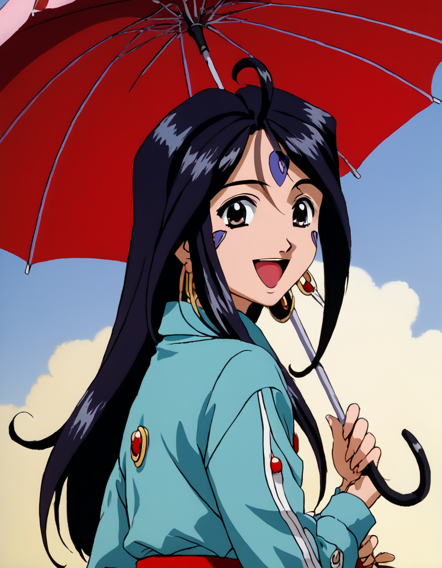 score_9, score_8_up, score_7_up, score_6_up, score_5_up, score_4_up, source_anime,  , Skuld, looking at viewer, smile, open mouth, jewelry, upper body, :d, earrings, looking back, from behind, umbrella, holding umbrella, retro artstyle, 1990s (style)