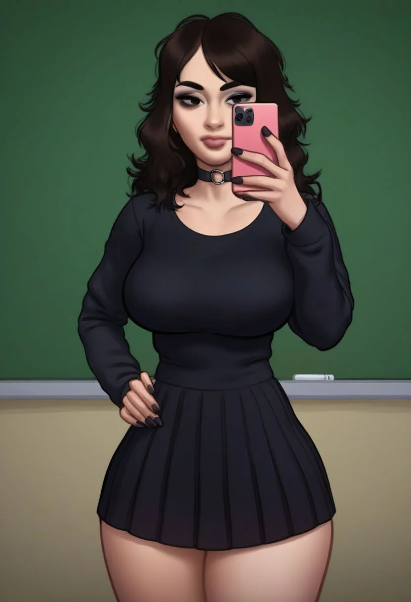 in a classroom, school background, standing up, classroom, (tiny waist, slim body, wide hips, thick thighs:1.1), (large breasts:1.1), BREAK cute sexy woman, black short bobbed wavy hair, hair bangs, bangs on eyes, goth girl, pale skin, black fingernails, BREAK, score_9, score_8_up, score_7_up, score_6_up, score_5_up, score_4_up, source_cartoon, BREAK (black oversized sweater top, baggy clothing), blacks skirt, panyhose, choker, boots, half closed eyes, gloomy expression, closed mouth, wide shot, looking at phone, using phone, taking selfie, legs, whole body