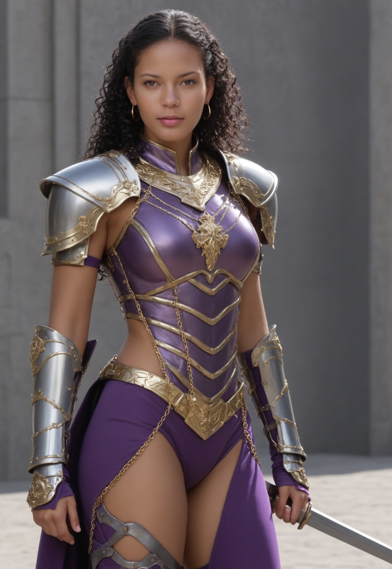 safe_pos, ((best quality)), ((masterpiece)), (realistic), (detailed) (full body image) 1girl (PR, Latina, black hair, curly wavy hair, tan-skin, fit body, medium breasts, sexy ass) looking at viewer, one-piece thong, purple cyber armor, revealing armor, gold trim, white trim, sexy action pose, purple and gray clothes, gold trim, white trim, small gold earrings, gold necklace, gold chains on armor, armored fingerless gloves, high armored boots, holding halberd, futuristic castle background at morning, vibrant colors