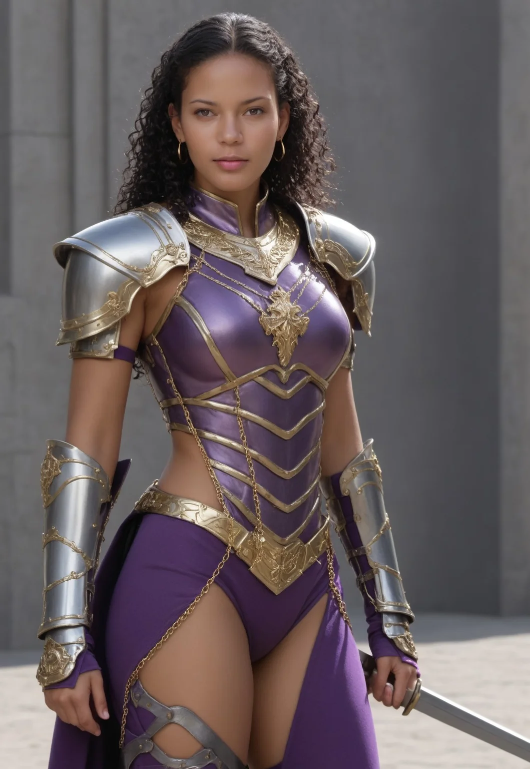 safe_pos, ((best quality)), ((masterpiece)), (realistic), (detailed) (full body image) 1girl (PR, Latina, black hair, curly wavy hair, tan-skin, fit body, medium breasts, sexy ass) looking at viewer, one-piece thong, purple cyber armor, revealing armor, gold trim, white trim, sexy action pose, purple and gray clothes, gold trim, white trim, small gold earrings, gold necklace, gold chains on armor, armored fingerless gloves, high armored boots, holding halberd, futuristic castle background at morning, vibrant colors