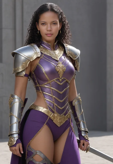 safe_pos, ((best quality)), ((masterpiece)), (realistic), (detailed) (full body image) 1girl (PR, Latina, black hair, curly wavy hair, tan-skin, fit body, medium breasts, sexy ass) looking at viewer, one-piece thong, purple cyber armor, revealing armor, gold trim, white trim, sexy action pose, purple and gray clothes, gold trim, white trim, small gold earrings, gold necklace, gold chains on armor, armored fingerless gloves, high armored boots, holding halberd, futuristic castle background at morning, vibrant colors