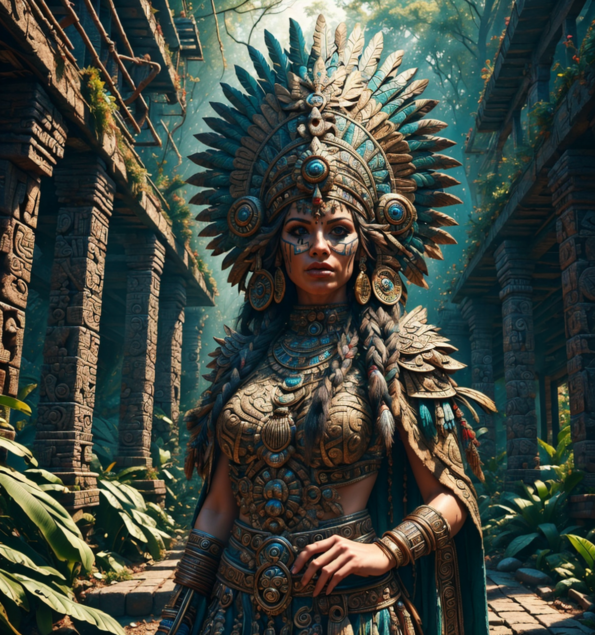 RAW photo, (masterpiece:1.3), subsurface scattering, heavy shadow, (high quality:1.4), (intricate, high detail:1.2), professional photography, HDR, High Dynamic Range, realistic, ultra realistic, photorealistic, high resolution, film photography, ambient lighting, atmospheric effects, <lora:detail_slider_v4:2>, OverallDetail, an aztec priestess, headdress, intricate robes, upper body shot, jewelry, aztcar, <lora:Aztec_Architecture:0.6>, <lora:AztecChar:0.66>, aztar,  <lora:zoom_slider_v1:-3.5>
