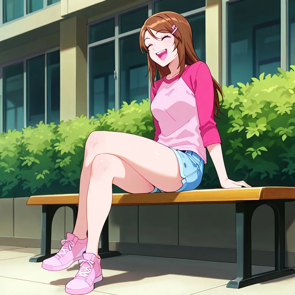 masterpiece, best quality, Diana, 1girl, solo, brown hair, long hair, closed eyes, pink hairclip, soft pink lips, bubblegum light pink shirt, hot pink raglan sleeves, blue denim shorts, pink sneakers, fullbody, laughing, sitting on bench, legs crossed,<lora:Diana_Lombard_illustrious_Leaf1-000010:1>, school building, bushes in background, anime screenshot,