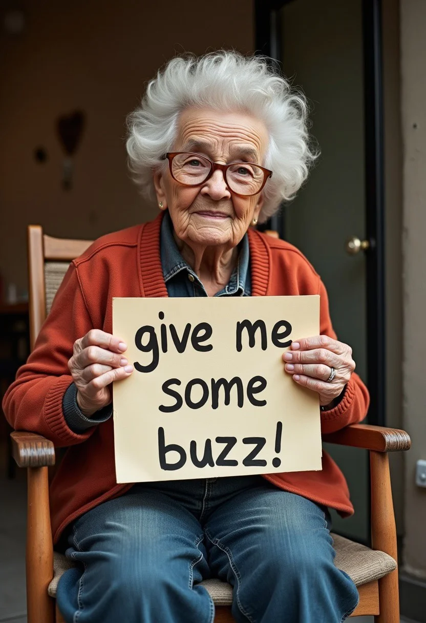 cute grandma sat on a chair holding a sign say "give me some buzz"