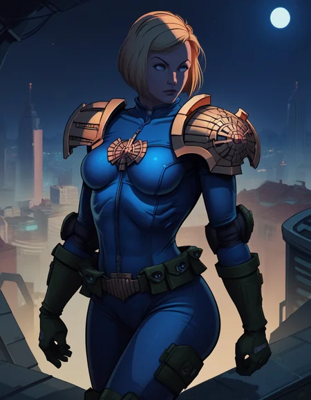 score_9, score_8_up, score_7_up,score_6_up, score_5_up, score_4_up ,
1girl, solo,
large breasts,
jandersondg,
blonde hair, short hair, blue eyes,
armor, blue bodysuit, pauldrons,
science fiction, city, night,
<lora:Judge Anderson DG PXL v01-000002:0.90>