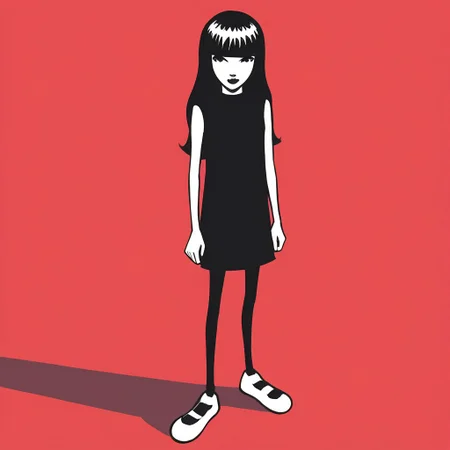 score_9, score_8_up, score_7_up, highres, high quality, masterpiece, es_emily, 1girl, solo, black hair, straight bangs, long hair, shiny hair, white skin, colored skin, black lipstick, nose shadow, black dress, black leggings, white mary janes, simple background, dress, red background, bangs, shoes, blunt bangs, full body, shadow, full body, arms at sides, standing