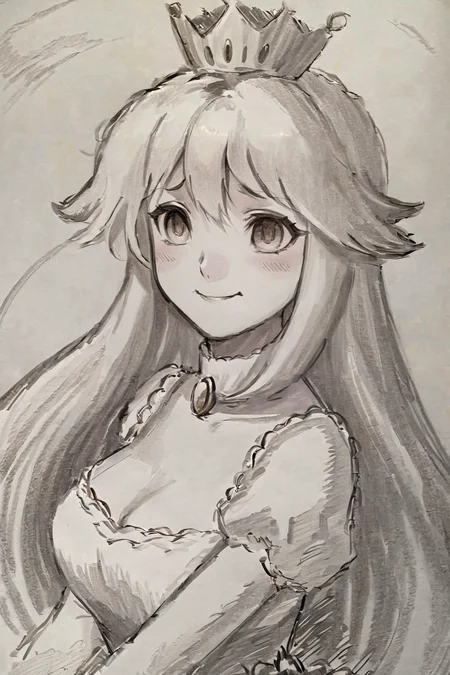 ((masterpiece, best quality)), pretty eyes, detailed face,
(Pencil_Sketch:1.2, messy lines, greyscale, traditional media, sketch), unfinished, hatching (texture), ((masterpiece, best quality)), absurdres, , Boosette_Mario, 1girl, long hair, white hair, long white dress, ballroom dress, white gloves, solo, smiling, blushing, looking at viewer, cowboy shot,<lora:EMS-150400-EMS:1.000000>,<lora:EMS-150722-EMS:0.600000>