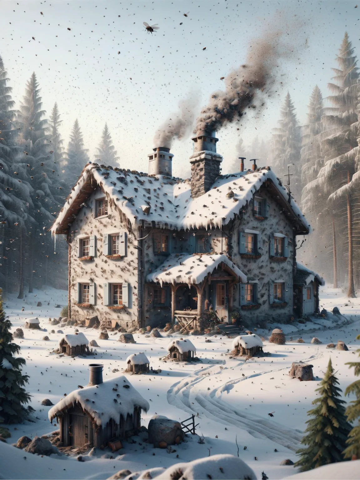 A cozy cottage in a snow-covered landscape, with smoke curling from the chimney, ais-flyz trying to get in through the windows<lora:Flies_Style_SDXL:1>