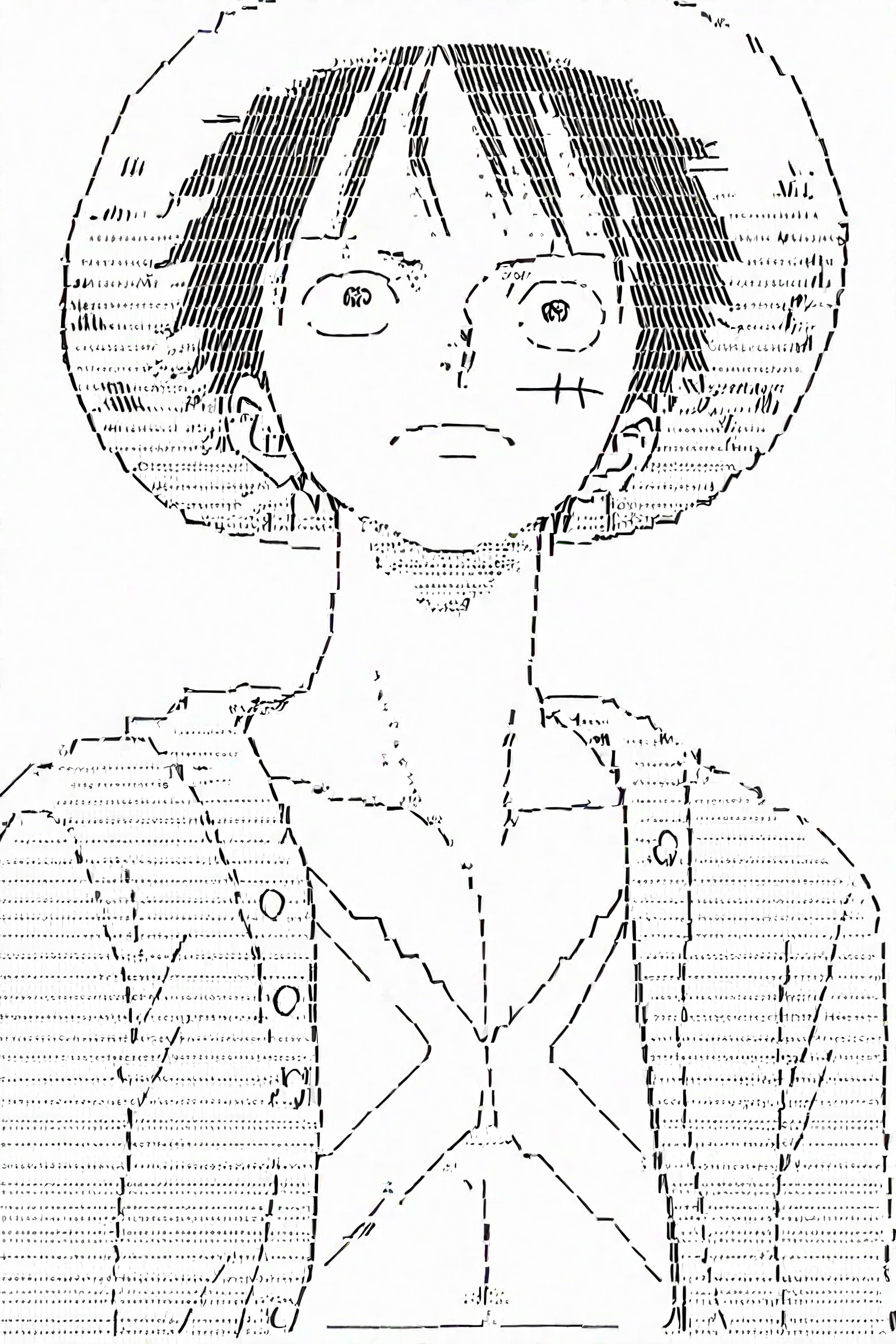 <lora:LUFFY_pony_XL:0.6>, Luffy, jacket, scar on chest, straw hat, black hair, 1boy, solo, alone, <lora:Ascii_character_illustriousXL:0.9>, ascii_art_style, monochrome, greyscale, white background, simple background,  masterpiece, highres