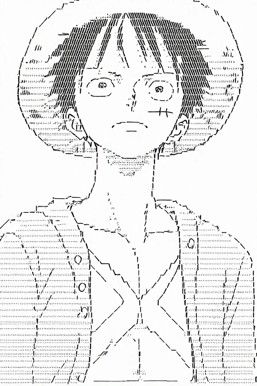 <lora:LUFFY_pony_XL:0.6>, Luffy, jacket, scar on chest, straw hat, black hair, 1boy, solo, alone, <lora:Ascii_character_illustriousXL:0.9>, ascii_art_style, monochrome, greyscale, white background, simple background, masterpiece, highres