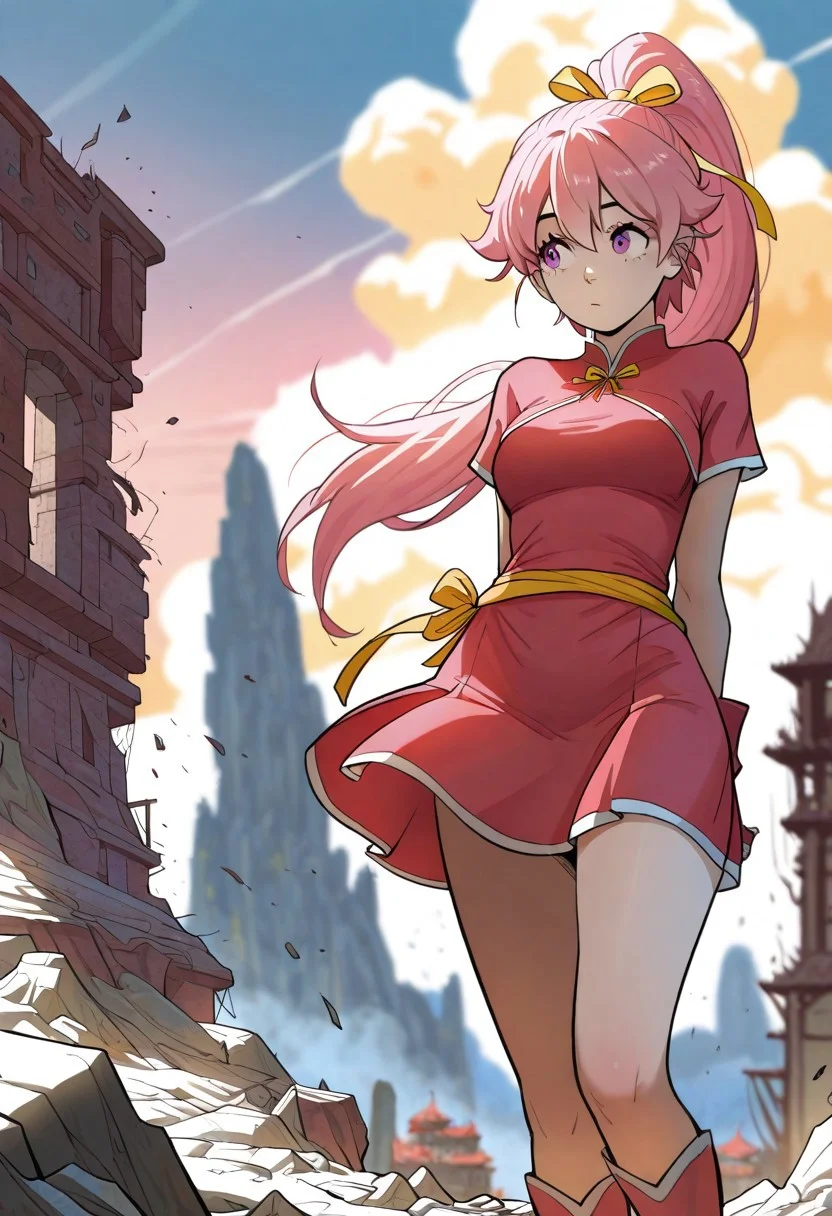 masterpiece, best quality, amazing quality, very aesthetic, absurdres,
xiaoxue, 1girl, solo, pink hair, ponytail, violet eyes, long hair, yellow ribbon,
outfit_1, red tangzhuang, red skirt, boots, fingerless gloves, short sleeves,
standing, wind, arms behind back, stretching arms behind back, leisure walk, looking away, colorful, cinematic atmosphere, high contrast, blurry background, outdoors, ruin realm, clouds, destroyed world, reuined buildings floating in the sky, waterfalls in the sky,