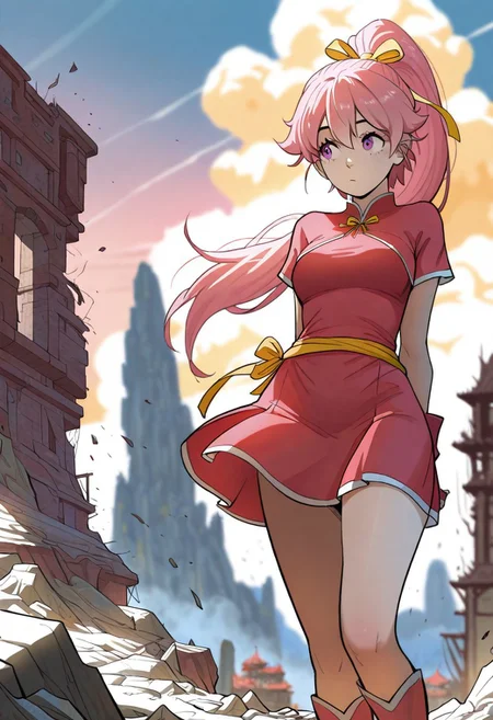 masterpiece, best quality, amazing quality, very aesthetic, absurdres,
xiaoxue, 1girl, solo, pink hair, ponytail, violet eyes, long hair, yellow ribbon,
outfit_1, red tangzhuang, red skirt, boots, fingerless gloves, short sleeves,
standing, wind, arms behind back, stretching arms behind back, leisure walk, looking away, colorful, cinematic atmosphere, high contrast, blurry background, outdoors, ruin realm, clouds, destroyed world, reuined buildings floating in the sky, waterfalls in the sky,