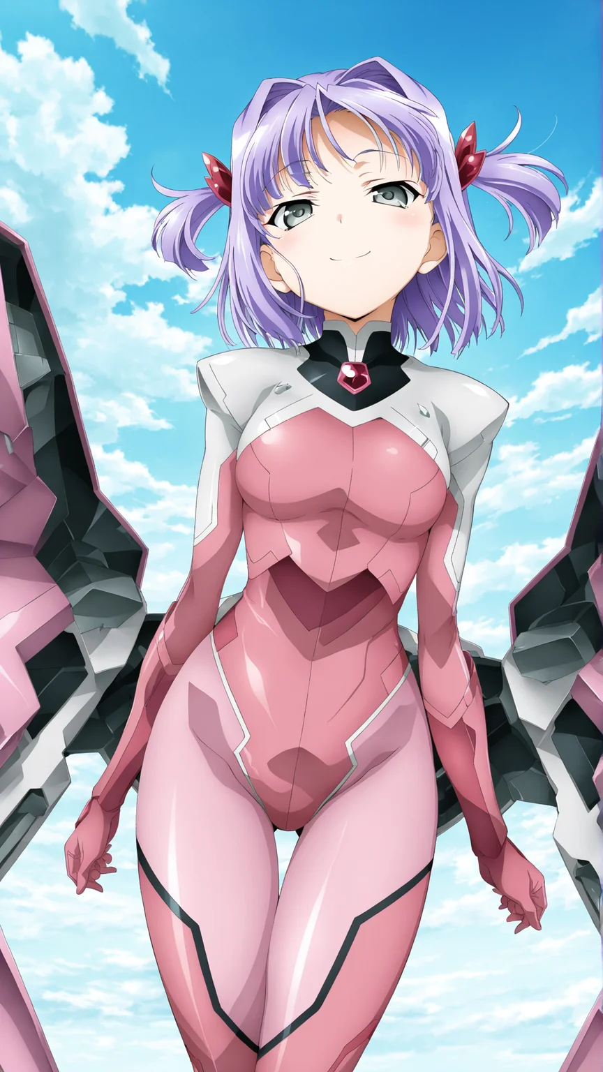 masterpiece, best quality, anime coloring, science fiction, blue sky
1girl,solo, smile
<lora:Rui-Kousaka_lL_v01:1> rui-kousaka, purple hair, short twintails, two side up, grey eyes, pink bodysuit, pilot suit, thigh gap, skin tight