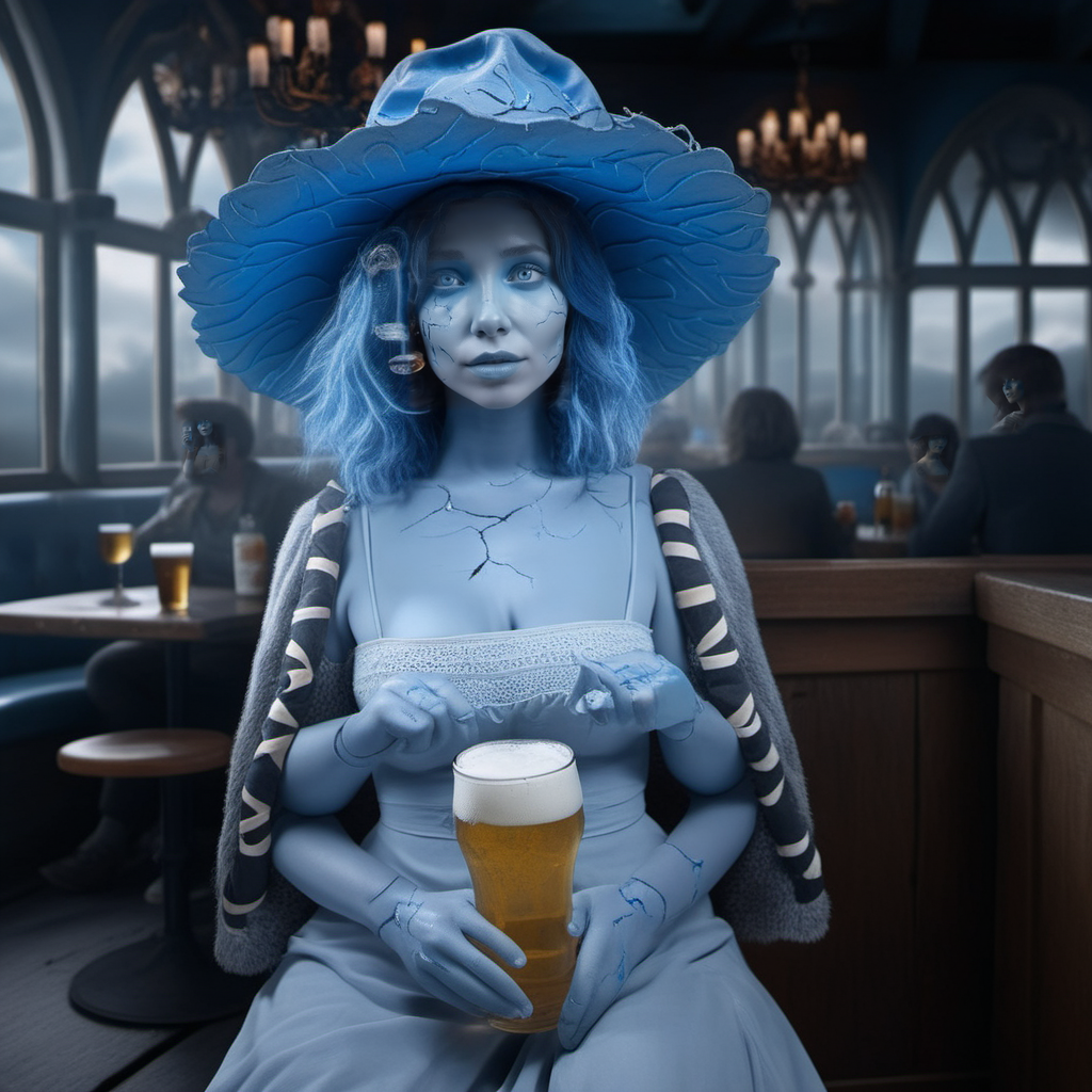 cinematic photo a full body woman with blue skin, wears a hat and a dress, extra arms, extra face, cracked skin, holds beers in a pub <lora:Ranni1024:0.9> . 35mm photograph, film, bokeh, professional, 4k, highly detailed