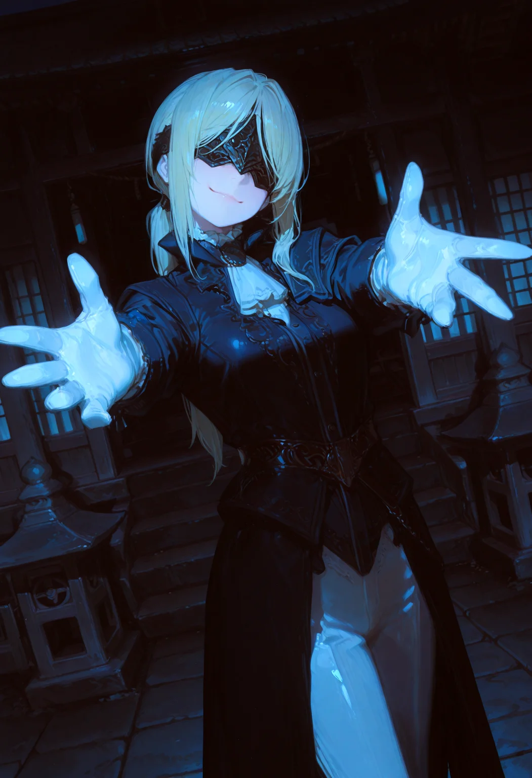 masterpiece, best quality, good quality, newest, highres, absurdres, volumetric lighting,gradient color,
BREAK
raytracing, volumetric lighting, ambient occlusion, girl, background, masterpiece, best quality, very awa, absurdres,
BREAK
DuchessER, ponytail, blonde hair, covered eyes, solo, model style,
BREAK
masterpiece,amazing quality,best quality,ultra-detailed,8K,illustration,CG,shiny hair,clear skin,ultra-detailed-eyes, background,cute girl,
BREAK,
white pants, Victorian outfit, gloves, outdoors, shrine, night, moonlight, dutch angle, dark theme, high contrast, reaching towards viewer, foreshortening, smile, head tilt, sash,
<lora:DetailedEyes_V3:1> <lora:USNR STYLE_XL_loha:0.45> <lora:GBF_Illustrious:0.4> <lora:NOOB_vp1_detailer_by_volnovik_v1:0.3> <lora:MGE_V5.2_IL:0.6> <lora:ponyv6_noobE11_2_adamW:0.5> <lora:noobai_vpred_1_masterpieces_v1:1> <lora:748cmXLillokrV5311P:0.6> <lora:iLLDuchessER:1>