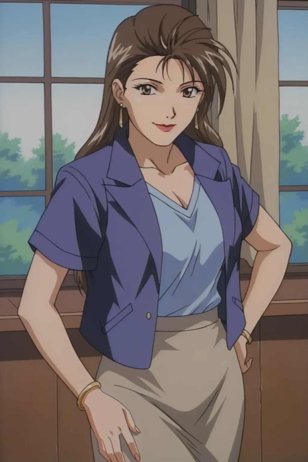 score_9, best, masterpiece, uncensored,
indoors,
1girl, solo, smile, 1990s (style), retro artstyle,  closed mouth,
DWKojiAbecksWoman, purple jacket with short sleeves over light blue v-neck shirt, beige pencil skirt, bracelet, earrings, lipstick,
<lora:DWKojiAbecksWoman_V4:0.8>​​​