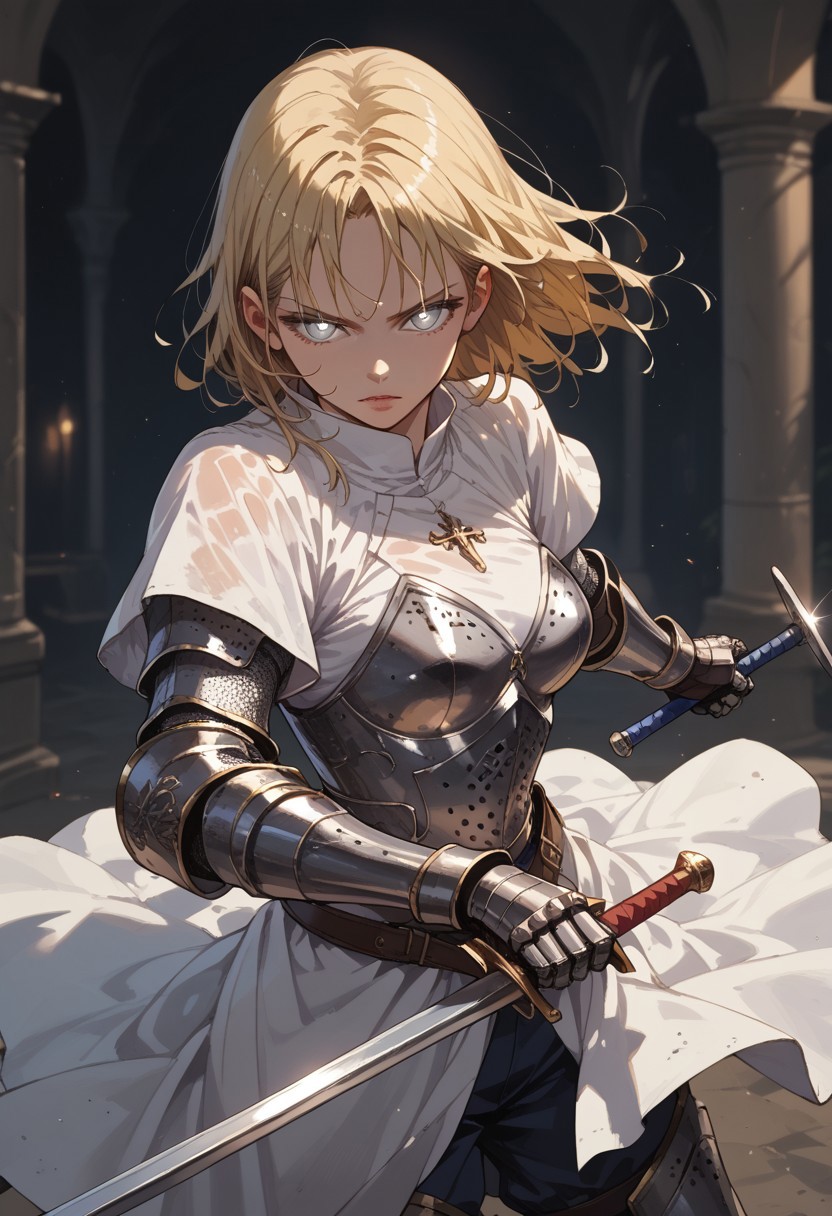 safe_pos, score_9, score_8_up, score_7_up, score_6_up, source_anime, high res image, easynegative, masterpiece,best quality, ultra HD detailed, 1 girl, knight, black armor, white robe, grey eyes, glowing eyes, light makeup, simple background, medium breasts, blonde hair, wet hair, eyelashes, sinozick style, gauntlets, flat color, dark theme, cowboy shot, ((kriegsmesser:1.5,holding weapon):1.4),   silver sword, holding sword,, blurry background, fantasy background, half-swording, one hand on blade, action shot, fighting stance, swinging, swinging weapon,