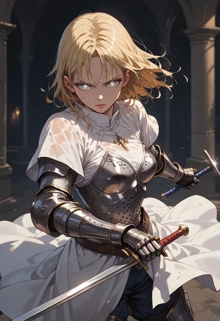 safe_pos, score_9, score_8_up, score_7_up, score_6_up, source_anime, high res image, easynegative, masterpiece,best quality, ultra HD detailed, 1 girl, knight, black armor, white robe, grey eyes, glowing eyes, light makeup, simple background, medium breasts, blonde hair, wet hair, eyelashes, sinozick style, gauntlets, flat color, dark theme, cowboy shot, ((kriegsmesser:1.5,holding weapon):1.4), silver sword, holding sword,, blurry background, fantasy background, half-swording, one hand on blade, action shot, fighting stance, swinging, swinging weapon,