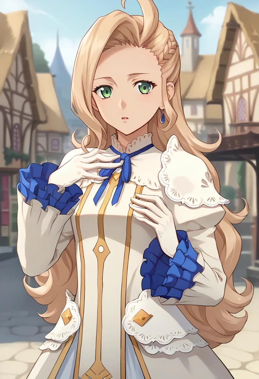 score_9, score_8_up, score_7_up, source_anime, masterpiece, 1girl, ctiant3r3sa, dress, long sleeves, frilled sleeves, puffy sleeves, earring, white gloves, short skirt, white pantyhose, looking at viewer, upper body, portrait, outdoors, town, sunny, depth of field, hand on chest, chestnut mouth,<lora:Teresa_Lineres_pony_ct:0.9>,