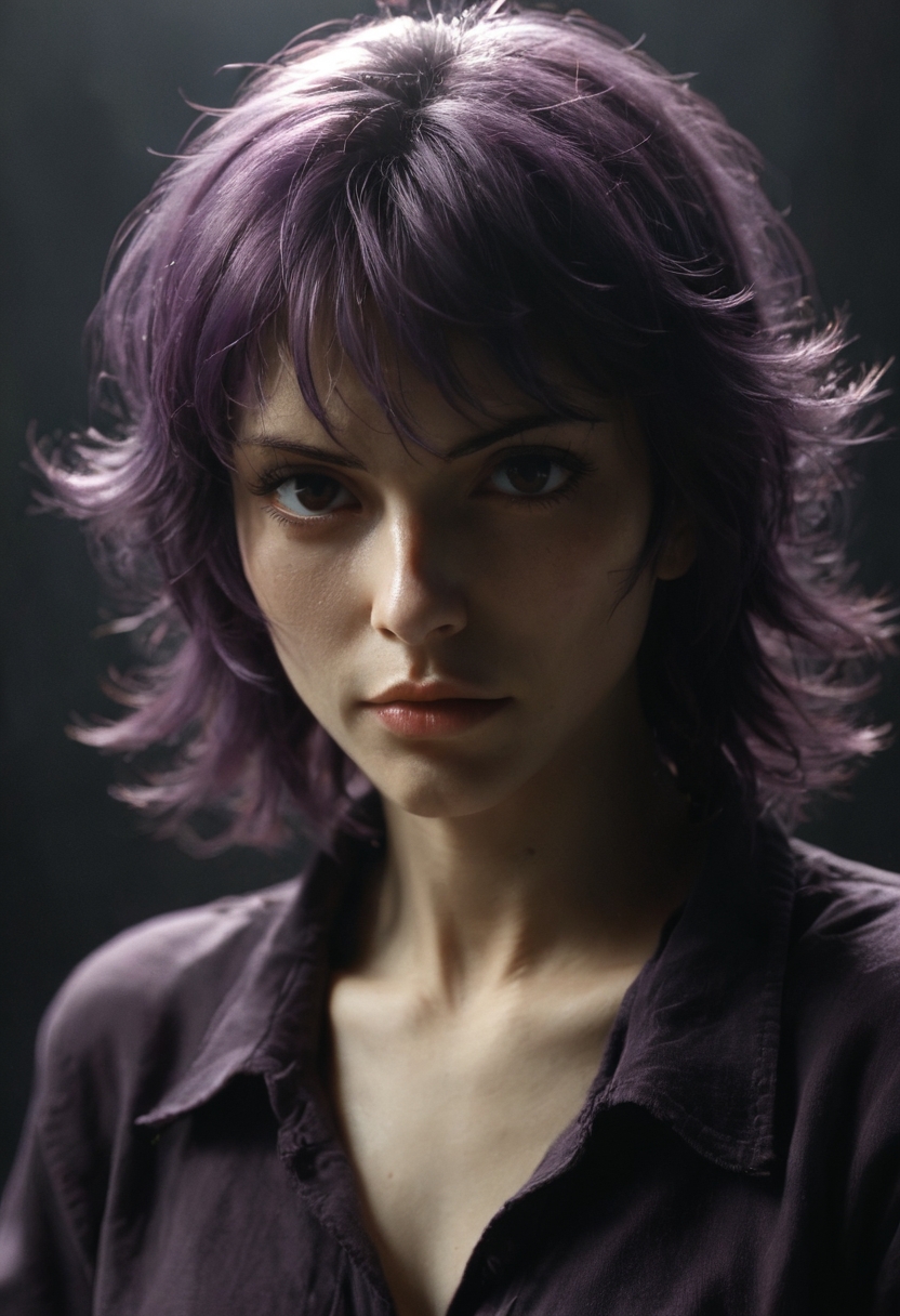 1girl, kusanagi motoko, purple hair, 
1980s \(style\), dark mood, dim light