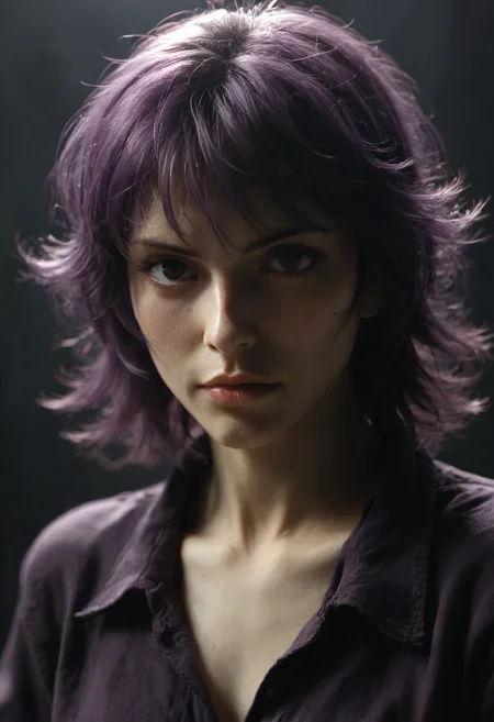 1girl, kusanagi motoko, purple hair,
1980s \(style\), dark mood, dim light