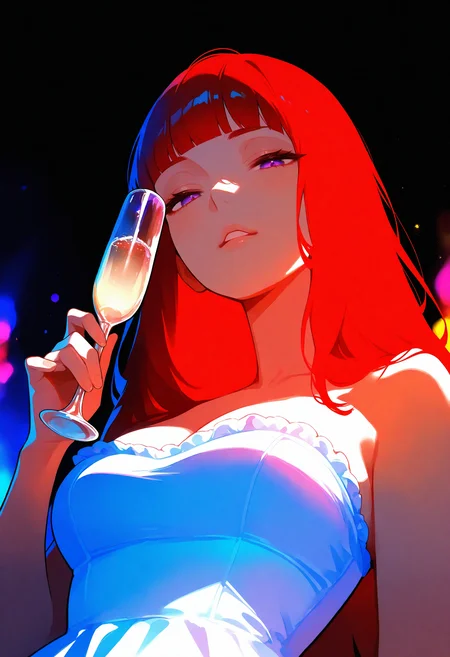 masterpiece, best quality, very aesthetic, 1girl, solo, red hair, purple eyes, long hair, blunt bangs, parted lips, lipsick, half-closed eyes, looking at viewer, white gown, strapless, cleavage, frilled dress, holding champagne, champagne flute, upper body, from below, light, sidelighting, colorful background, dark background, dim