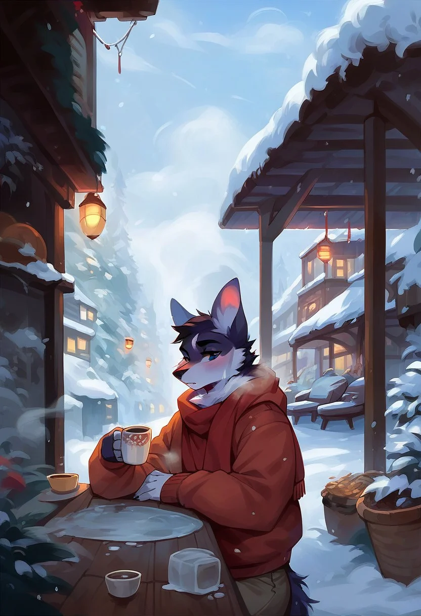 score_9, score_8_up, score_7_up,  ,anthro, furry,  random emotions,  warm clothes, snowfall, frost, winter, a cafe, have a hot drink,steam,
